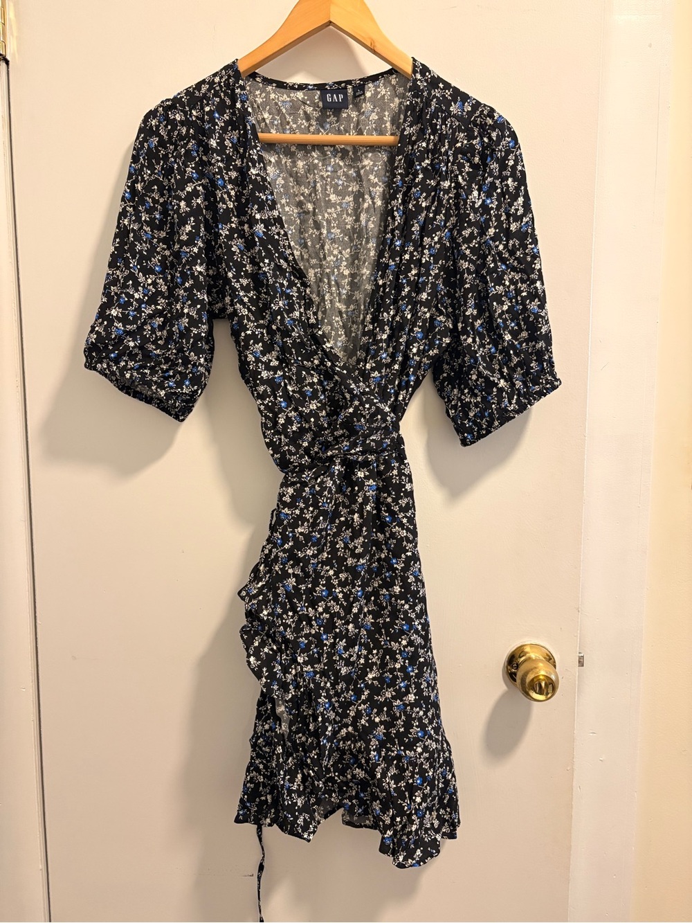 GAP Black Floral Wrap Dress with Blue and White Blossoms